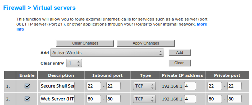 Belkin wireless router firewall virtual server settings (NAT)