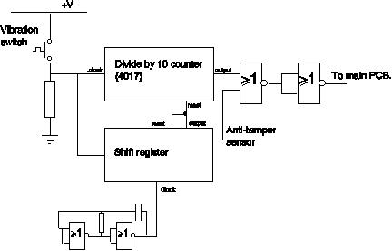 Circuit diagram for vibration switch counter to remove false alarms on bicycle alarm
