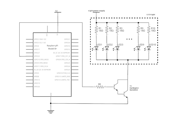 Schematic circuit diagram for a Raspberry Pi Darlington Driver Circuit.