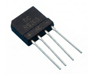 A RS203 full-wave bridge rectifier package, showing two central AC pins and the positive and negative DC output pins.