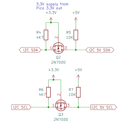 I2C bidirectional level shifter from 3.3V to 5V using 2N7000 MOSFET