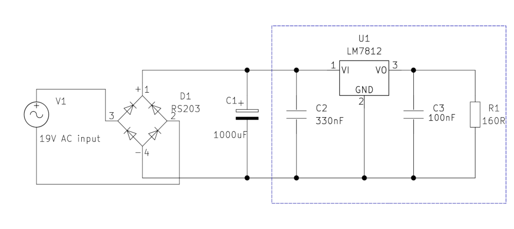 Schematic circuit diagram showing an AC power supply, connected to a bridge rectifier, then a 1000uF capacitor. It then connects through a LM7812 voltage regulator with a 330nF capacitor on the input and a 100nF capacitor on the output. There is a resistor load at the output