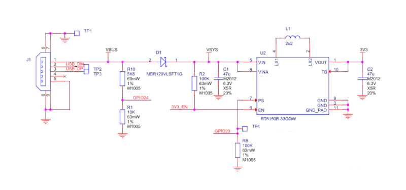 Schematic diagram showing power related components of the Raspberry Pi Pico including buck-boost converter