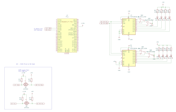 schematic circuit diagram for Raspberry Pi Pico with dual I2C MCP23008 port expanders