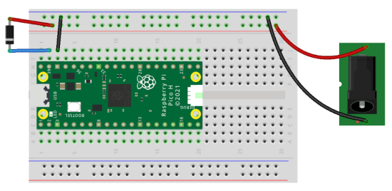 External power connected to VSYS on the Raspberry Pi Pico - using a 1N5817 schottky diode
