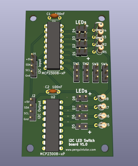 PCB electronics circuit with I2C GPIO expander MCP23008 for Raspberry Pi Pico W