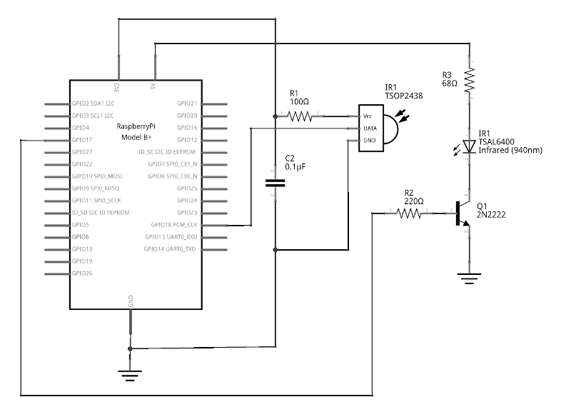 Circuit diagram for a Raspberry Pi infrared receiver and transmitter