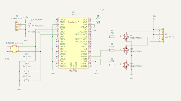 Electronic Schematic Diagram Raspberry Pi pico lighting controller for 5V to 12V LED lights