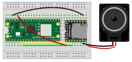 DFRobot DFPlayerMini MP3 player with Micro SD Card connected to a Raspberry Pi Pico 2W