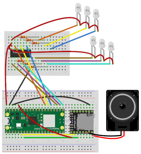 Reindeer MP3 circuit, with breadboards holding a Raspberry Pi Pico, DFPlayerMini mp3 player and 7406 hex inverting buffer