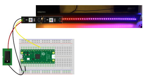 Breadboard circuit Raspberry Pi Pico with NeoPixels controlled with CircuitPython