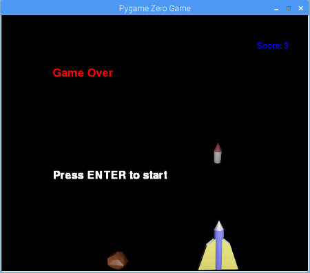 Screen shot Space Asteroids physical computing game written in Python 3, using Pygame Zero and GPIO Zero