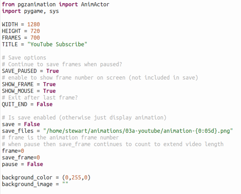 Python code for creating animations for YouTube - boilerplate variables